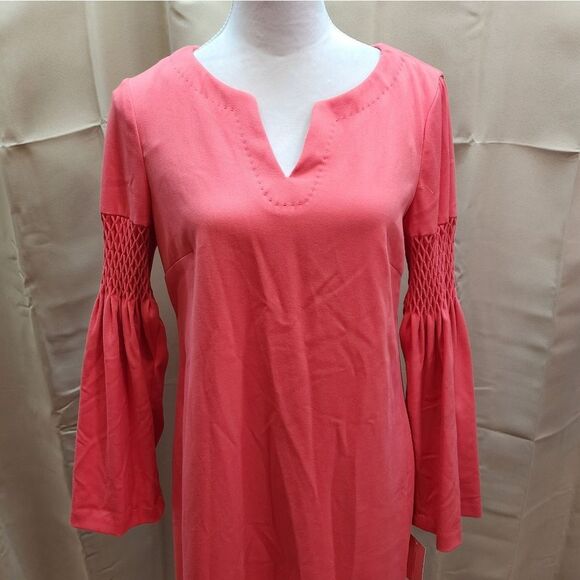 Phoebe Couture by Kay Unger Coral Smocked Designer Shift Dress Size 6 - Picture 4 of 14